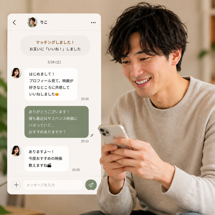 マッチした相手とメッセージを楽しむ男性
