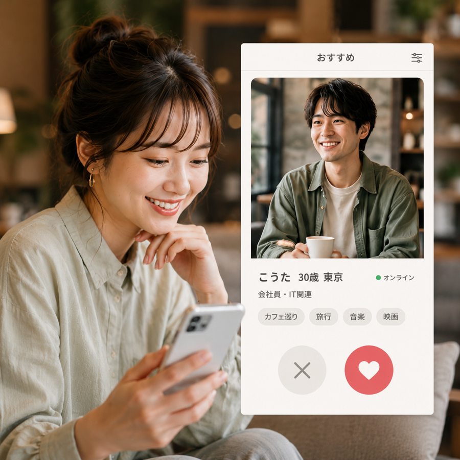 おすすめの相手をスマートフォンで確認する女性