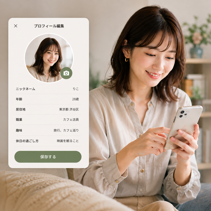 スマートフォンでプロフィールを作成する女性