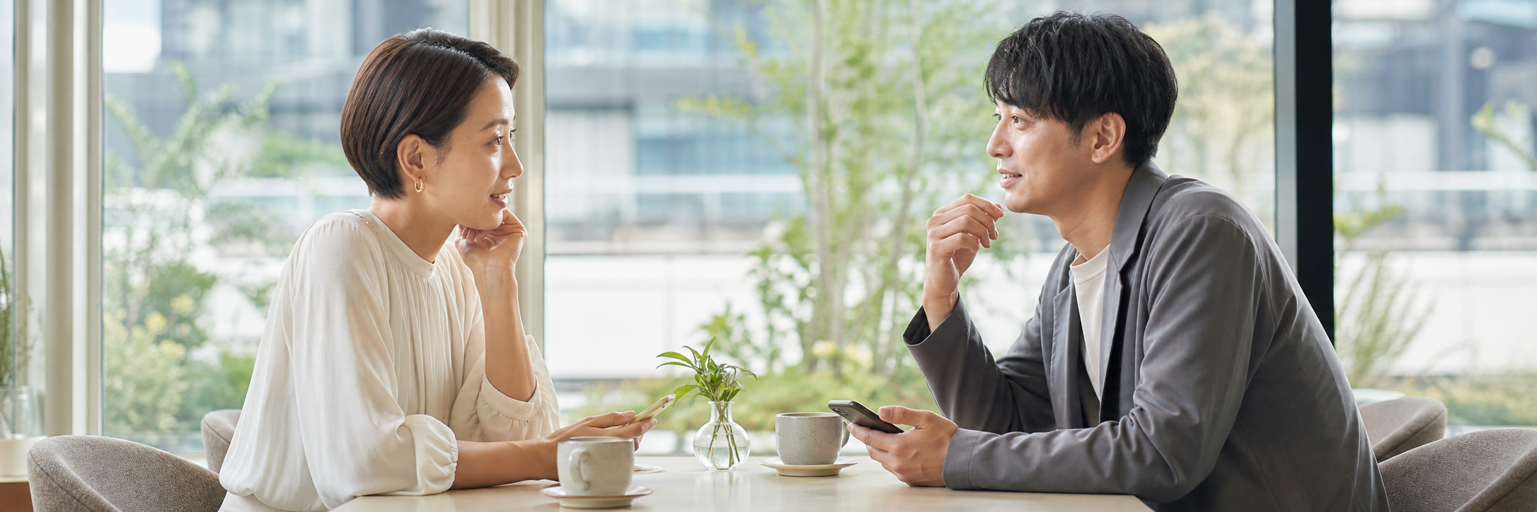 明るいカフェで自然に会話を楽しむ男女